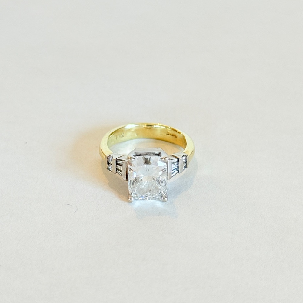 Elegant Large 3 Carat Ring With Cushion Cut Center White and Yellow Gold.